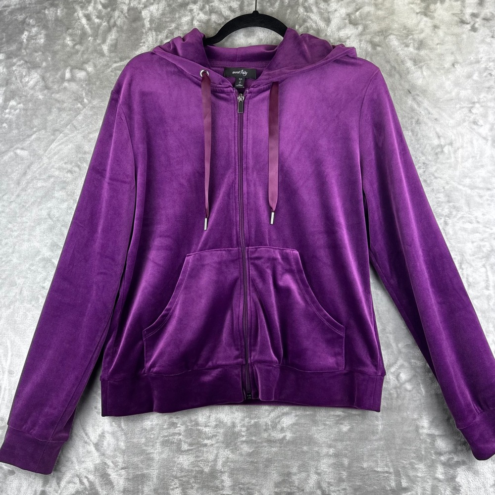 Woolfity Velour Hoodie Women Large Purple Full Zip Drawstring Casual (1641)